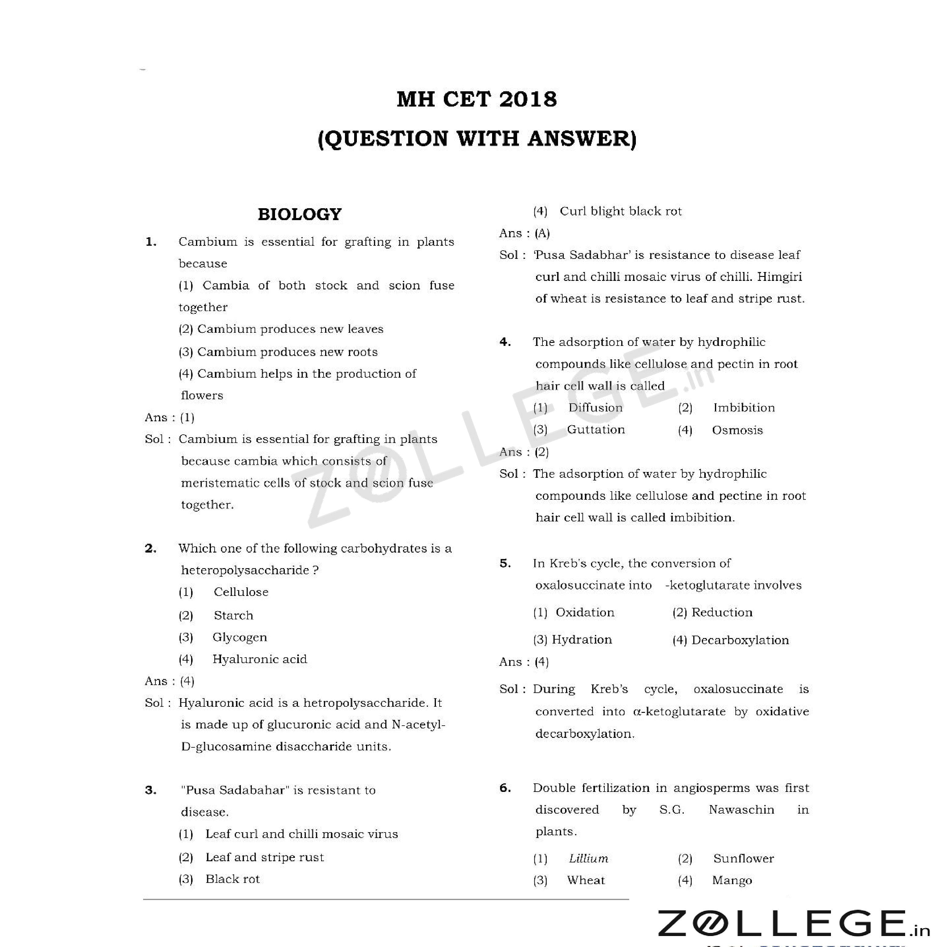 MHT CET 2018 Question Paper with Answer Key PDF for Biology May 10