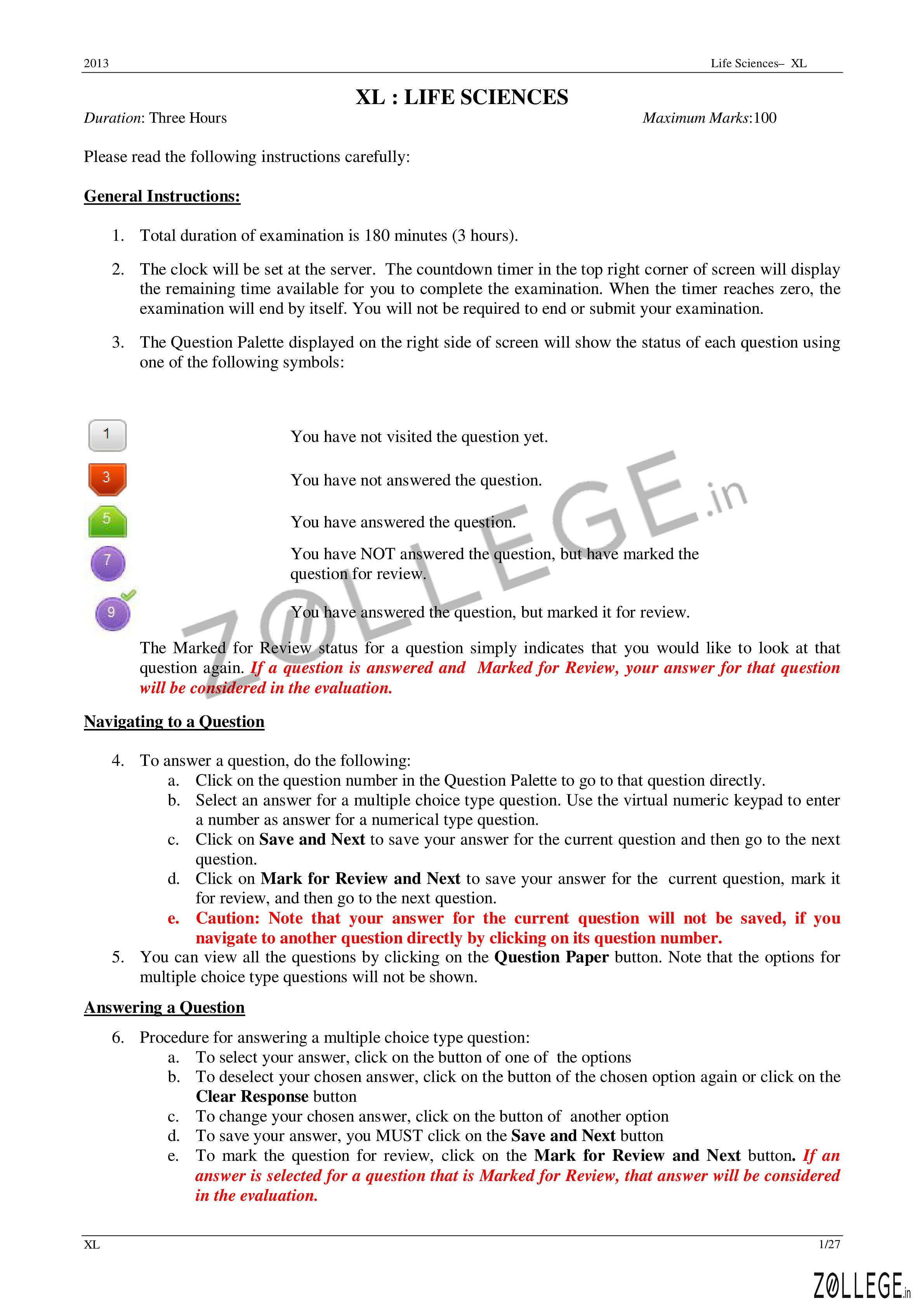 GATE 2013 Question Paper with Answer Key PDF for Life Sciences