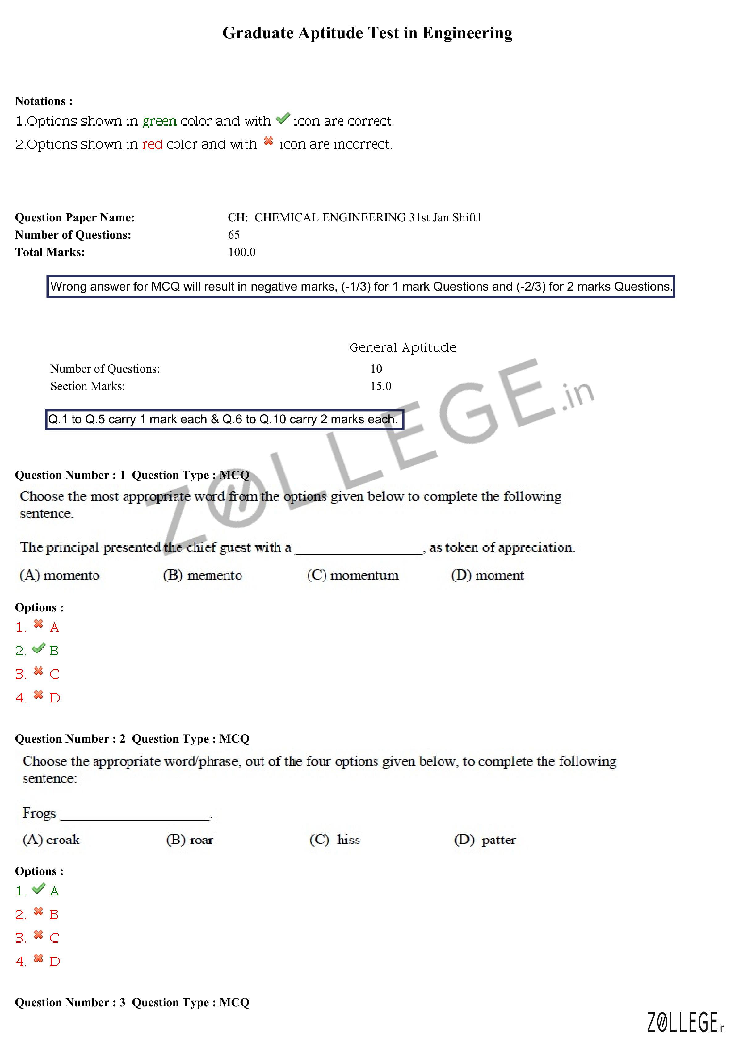 GATE 2015 Question Paper with Answer Key PDF for Chemical