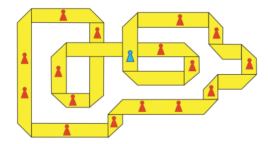 [Diagram of a folded strip of paper with red and blue pawns]