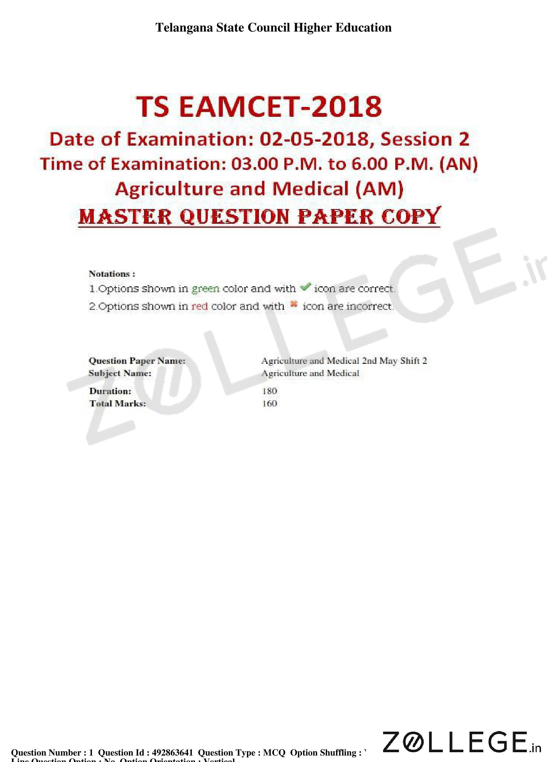 TS EAMCET 2018 Question Paper with Answer Key PDF for Agriculture