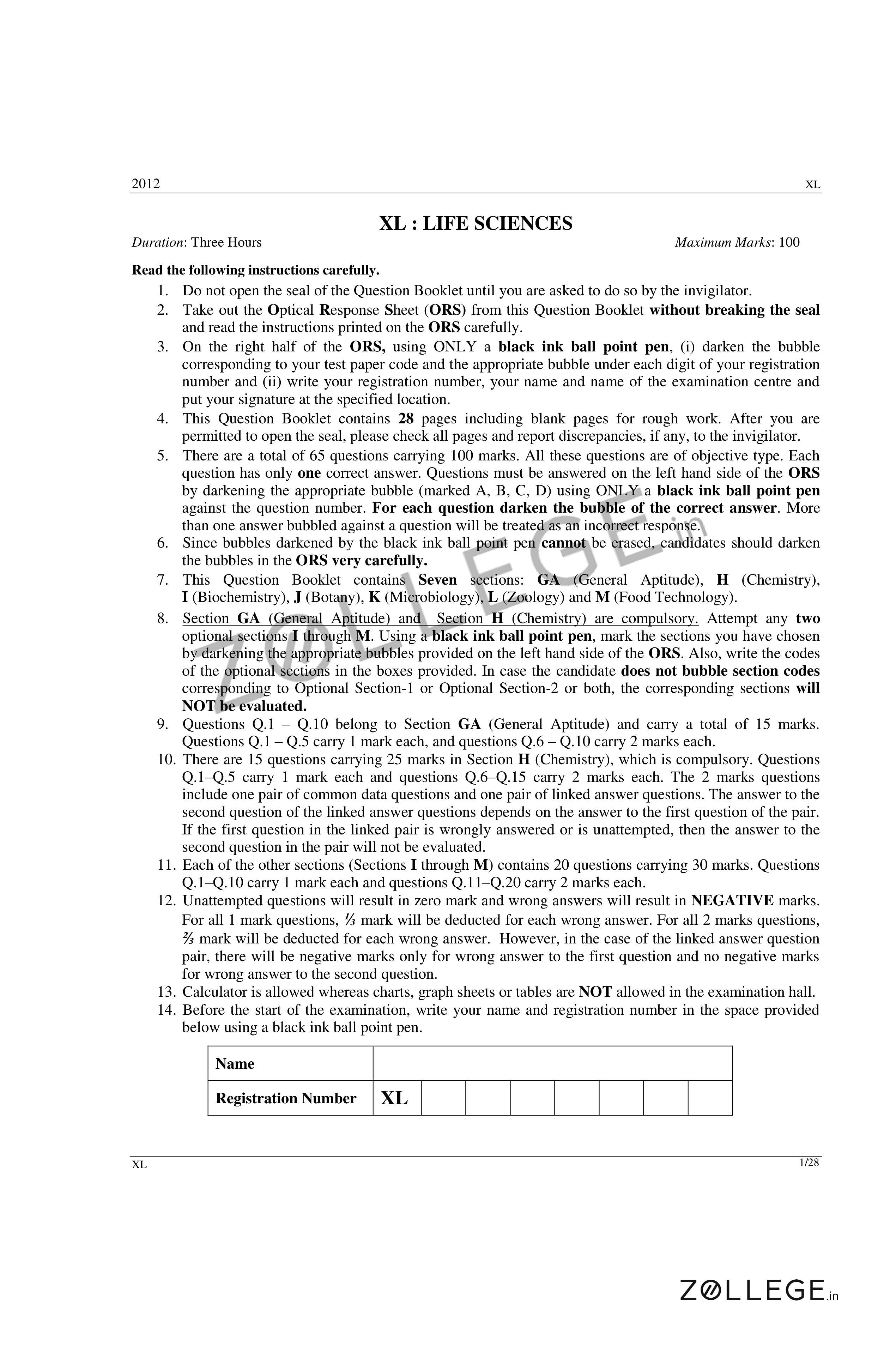 GATE 2012 Question Paper with Answer Key PDF for Life Sciences