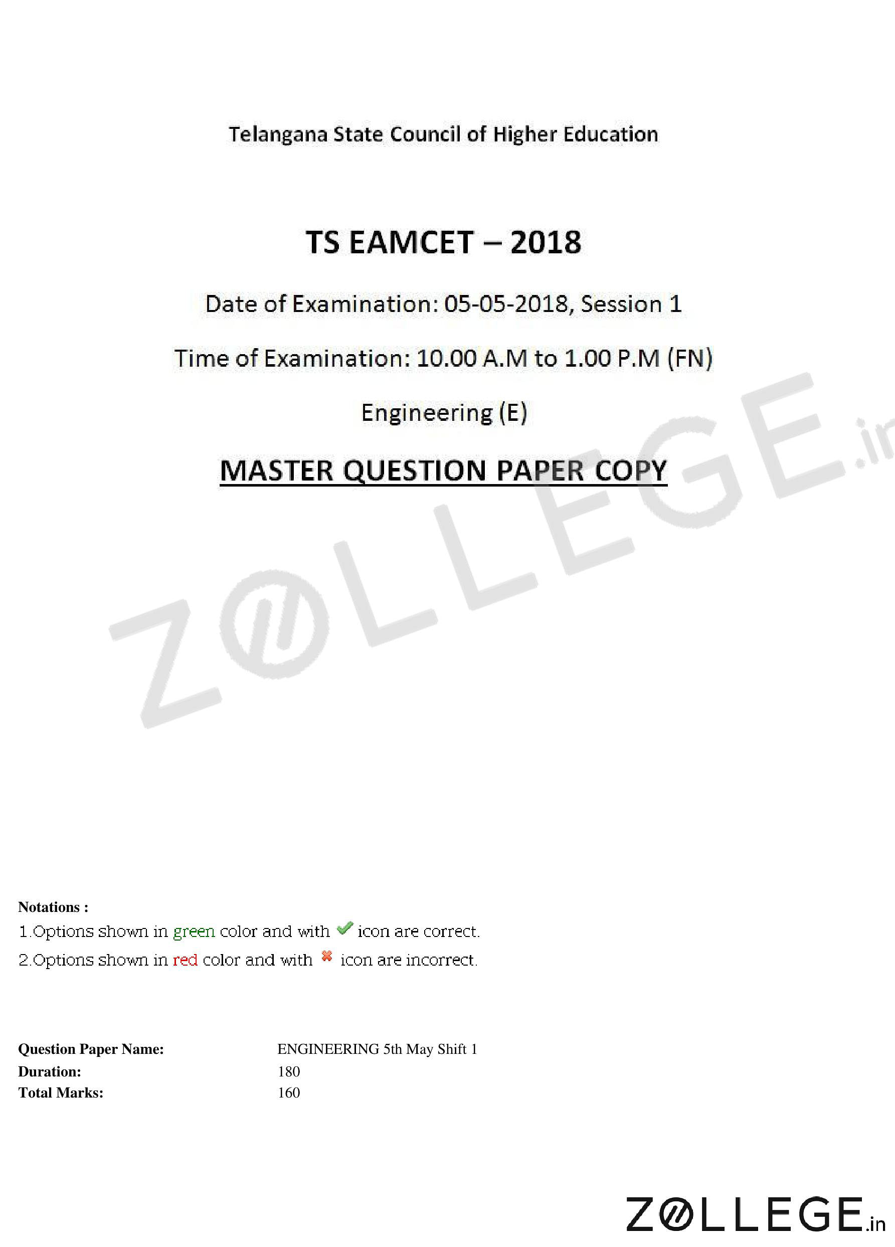 TS EAMCET 2018 Question Paper with Answer Key PDF for Engineering