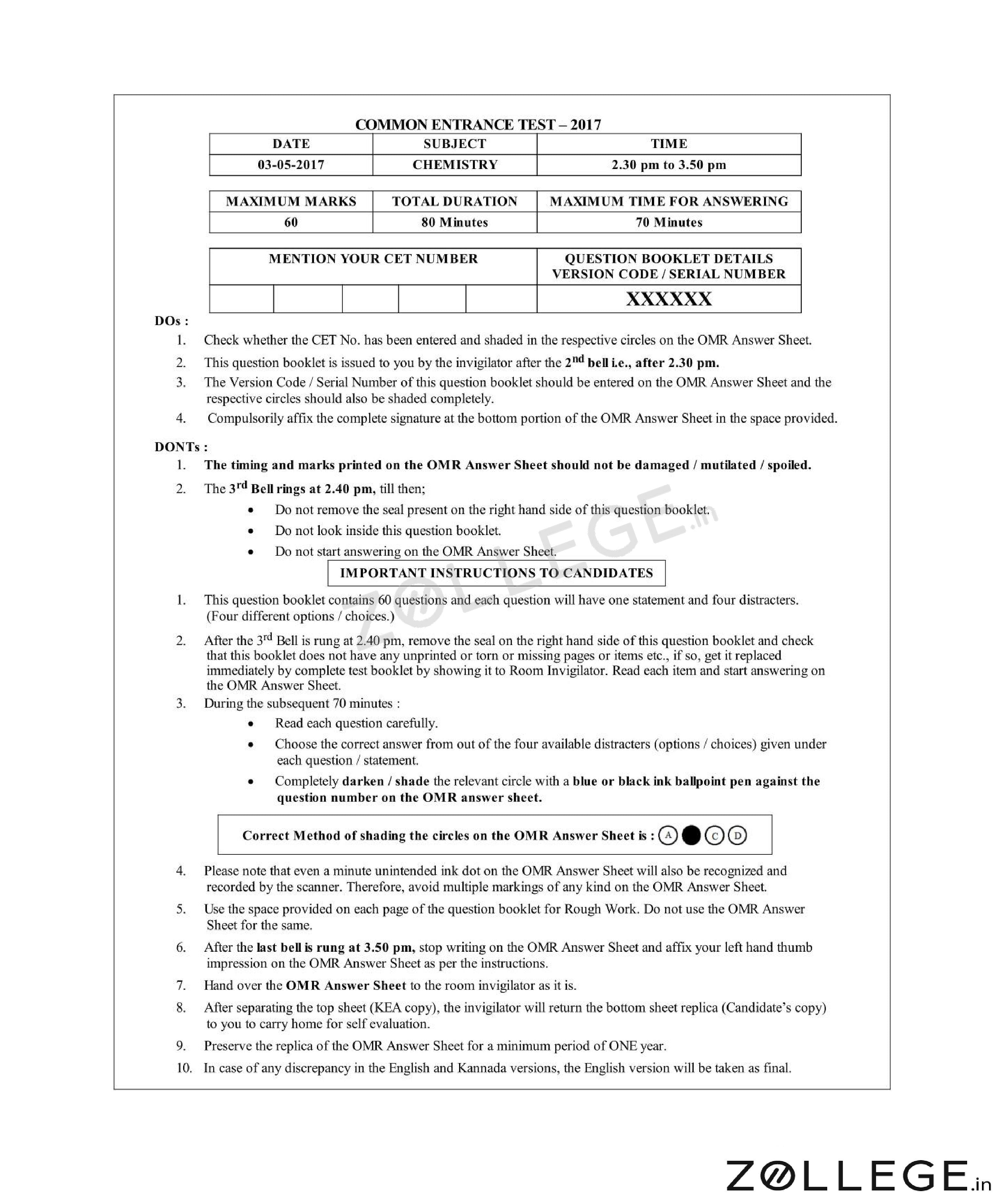 KCET 2017 Question Paper with Answer Key PDF for Chemistry May 3