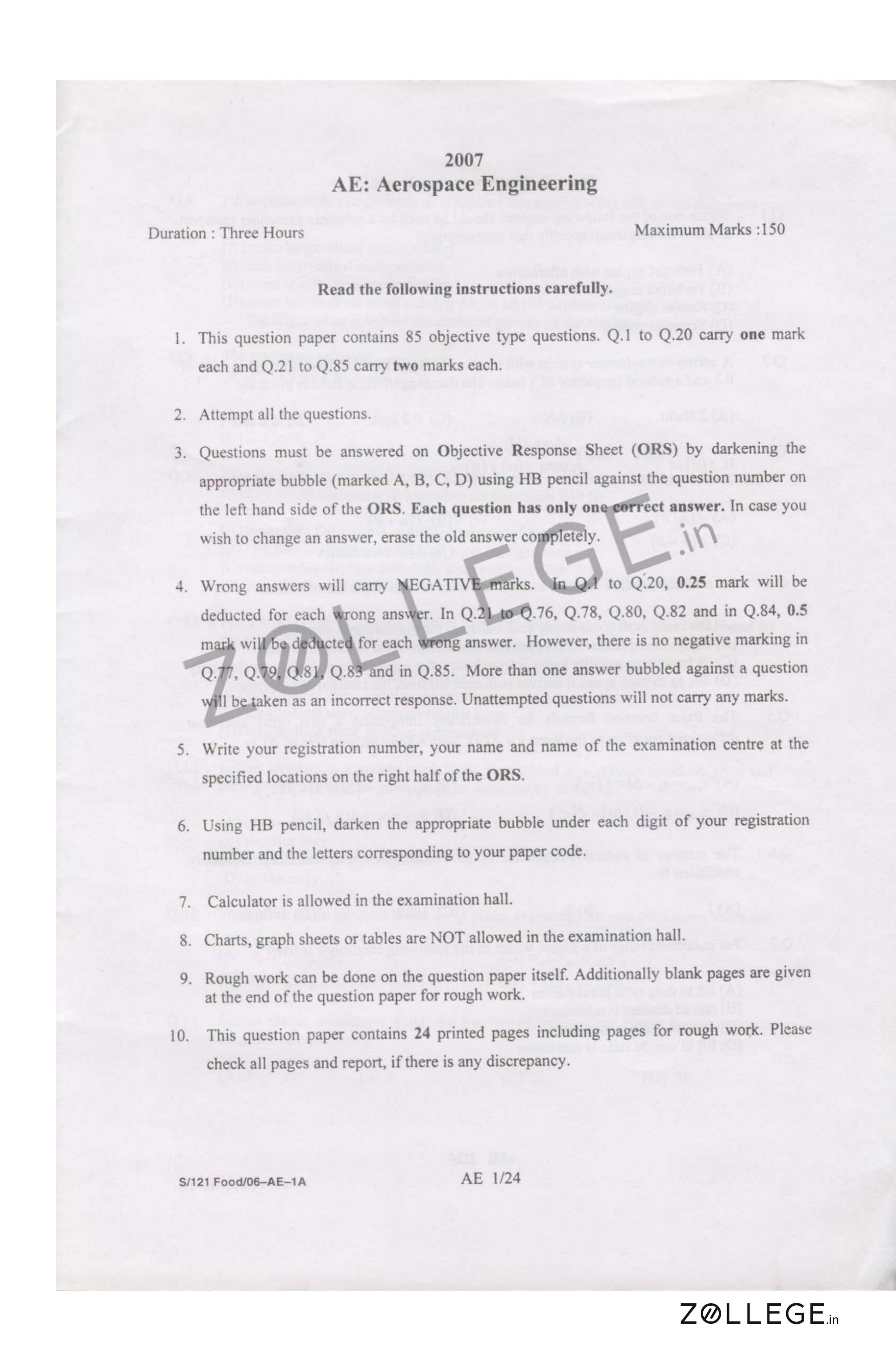 GATE 2007 Question Paper with Answer Key PDF for Aerospace