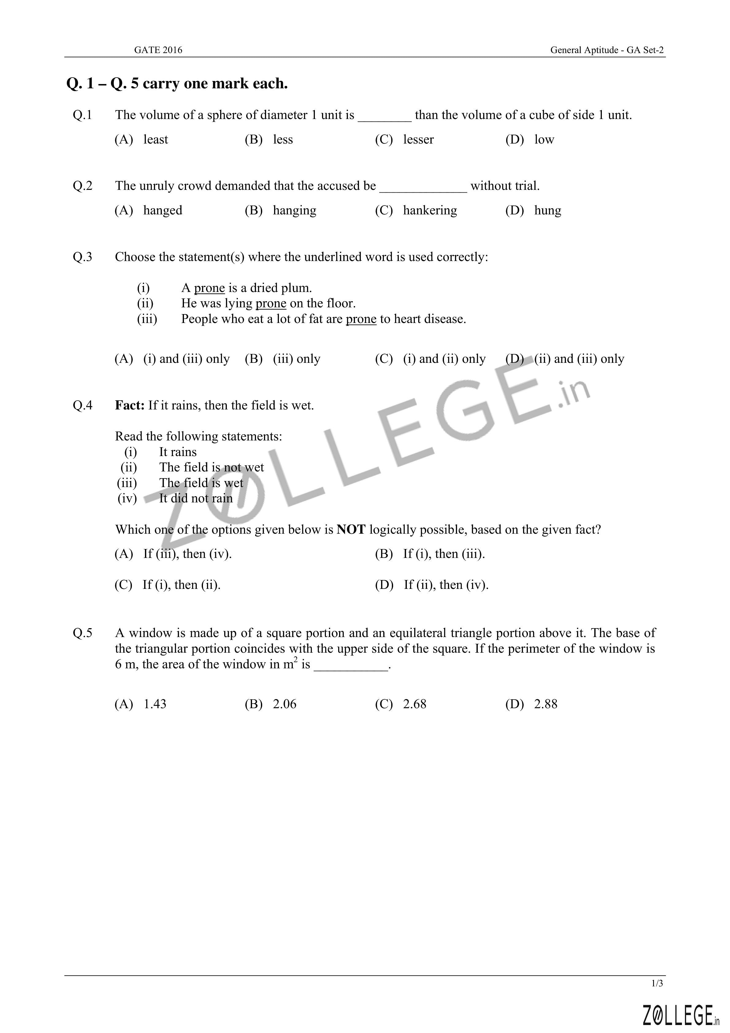 Gate 16 Question Paper With Answer Key Pdf For Mining Engineering January 30 Afternoon Session