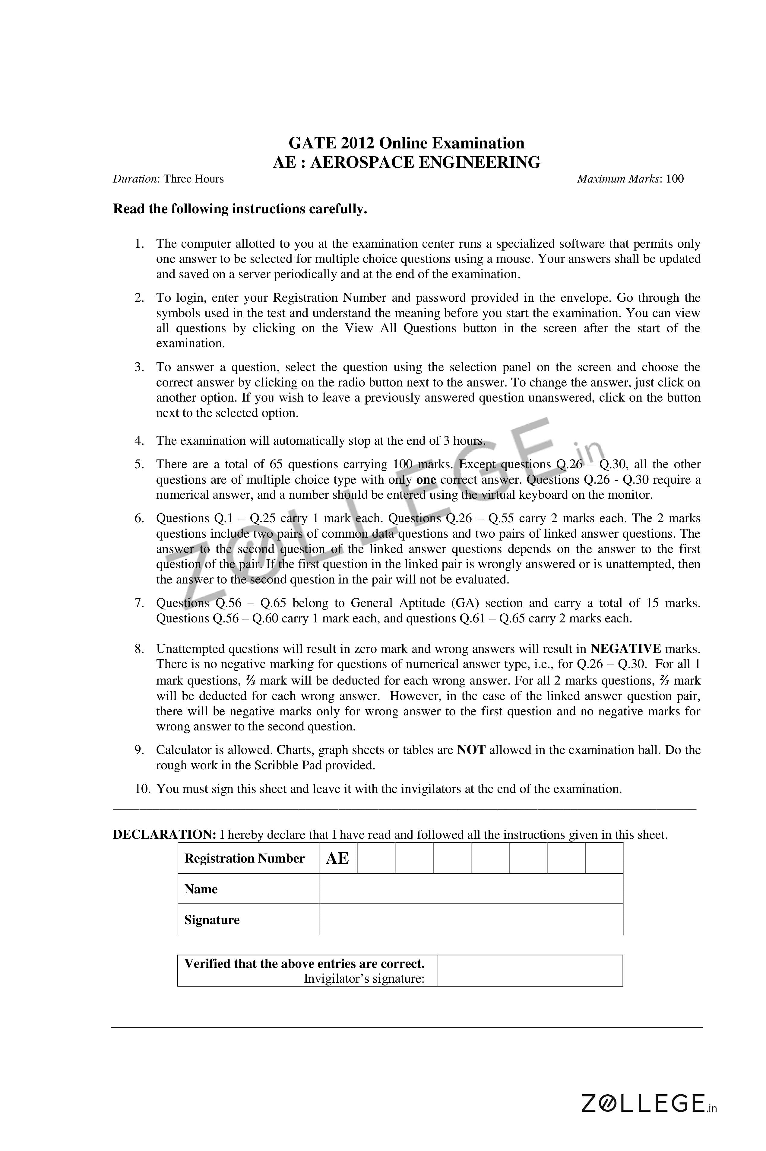 GATE 2012 Question Paper with Answer Key PDF for Aerospace