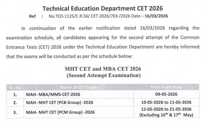 MHT CET 2nd Attempt Dates 2026