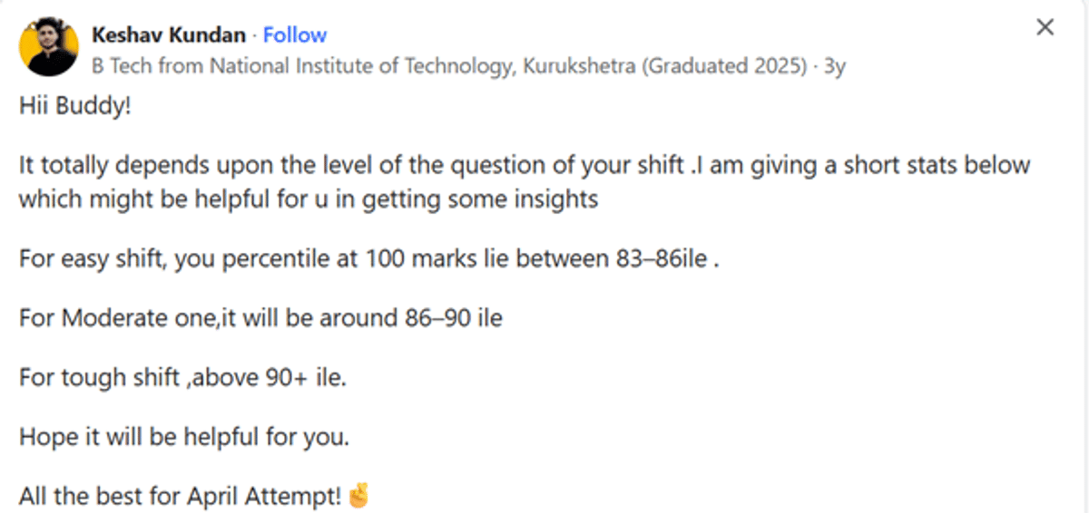 100 Marks in JEE Main Percentile