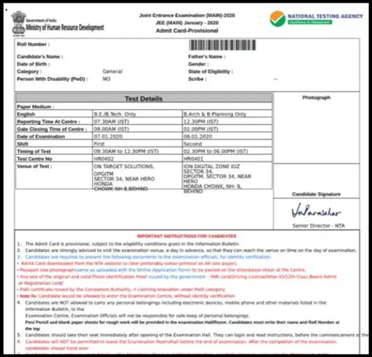 JEE Main Admit Card