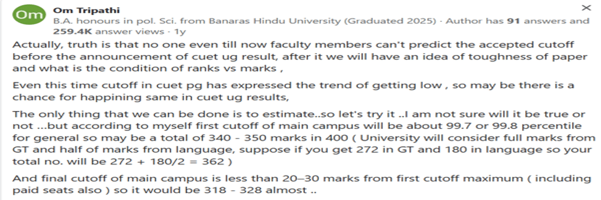 CUET UG Cutoff 2026 for BA English with History at BHU