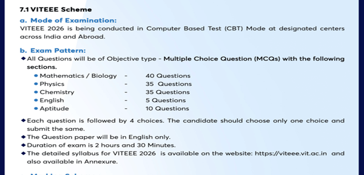 VITEEE 2026 Total Marks: Check Detailed Paper Pattern, Marking Scheme, and Attempt Strategy