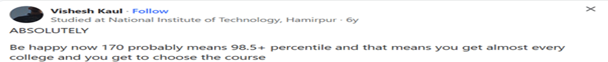 170 Marks in JEE Main Percentile