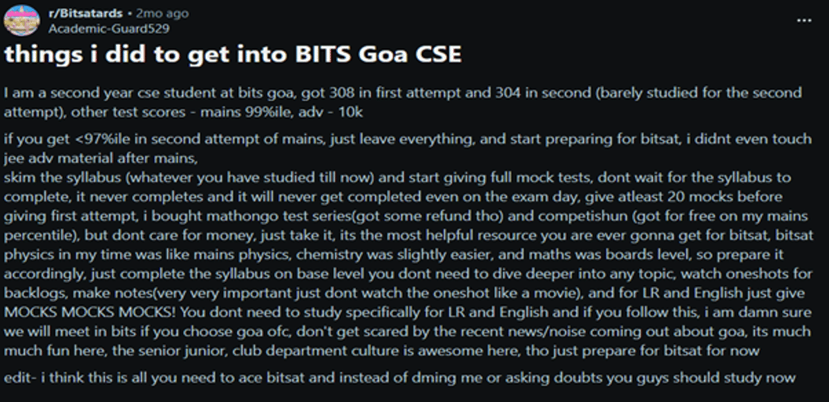 BITSAT Safe Score for ECE at BITS Goa