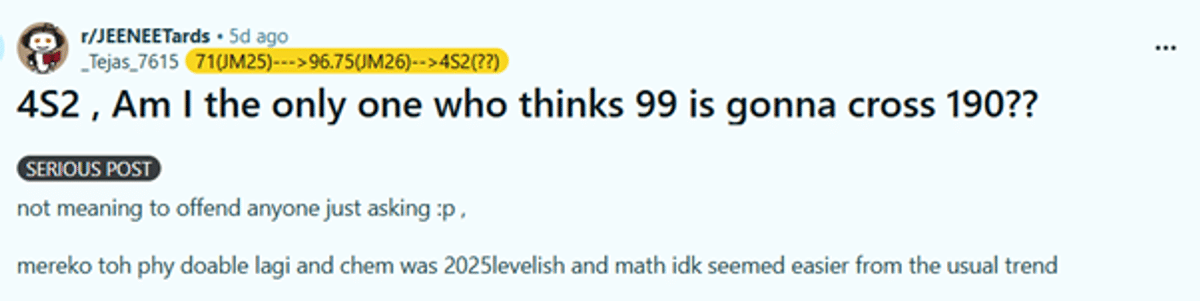JEE Main 2026 Session 2 Shift-Wise Marks Required for 99 Percentile