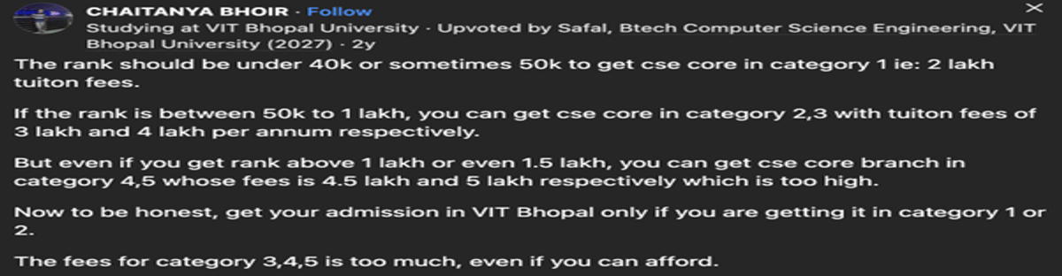 VIT Bhopal VITEEE Cutoff for CSE: Check Category Wise Cutoffs
