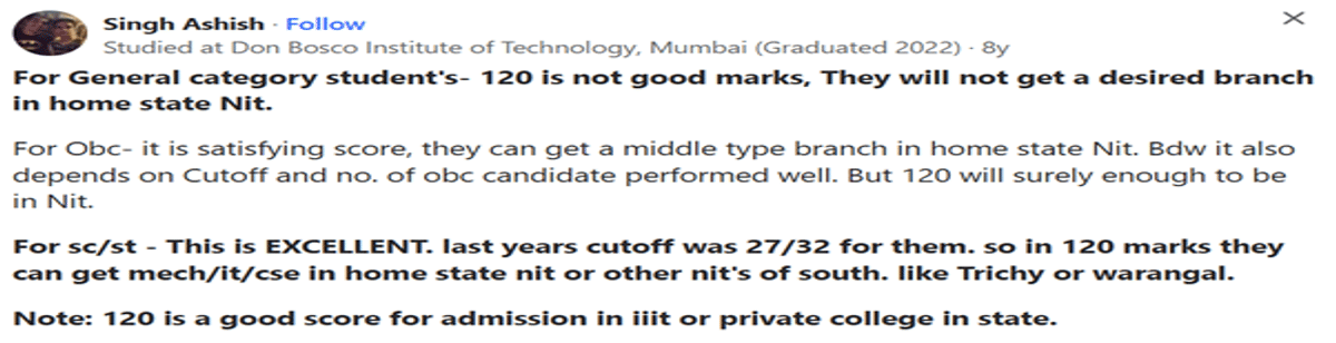 Expected Percentile for 120 Marks in JEE Main