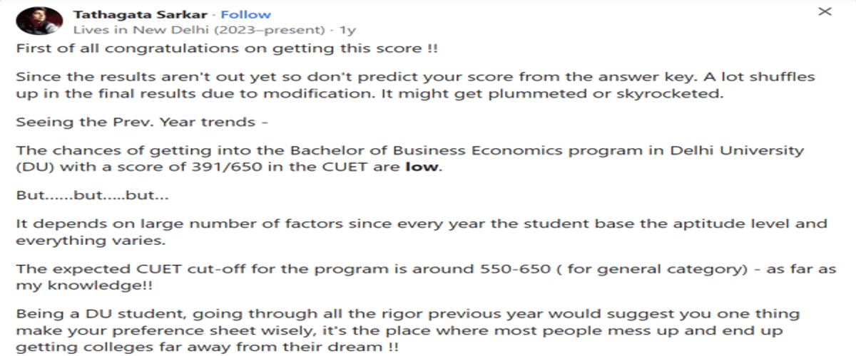 CUET DU Cutoff for BA (Hons) Business Economics for General Category
