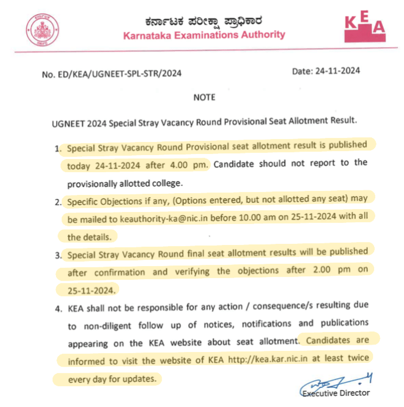 Karnataka NEET Counselling 2024 Special Stray Vacancy Round