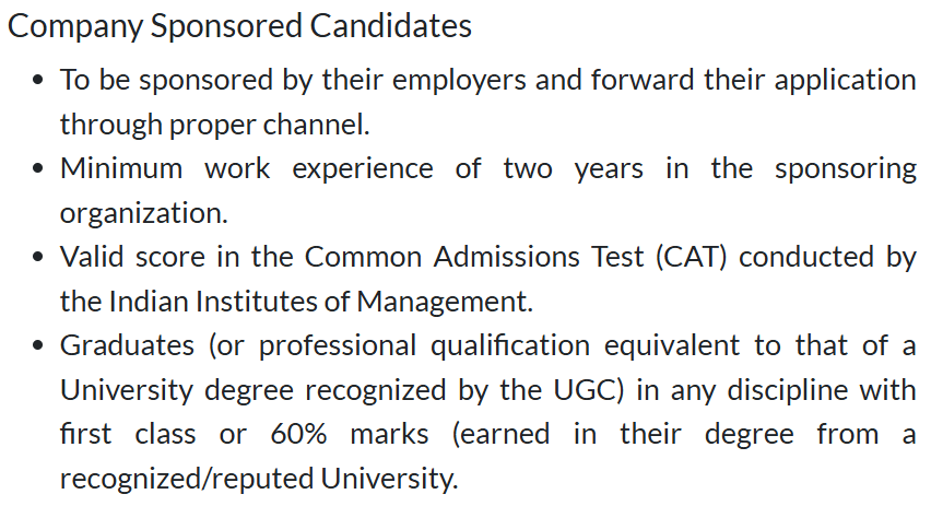 DoMS IIT Madras MBA Sponsered Candidates Eligibility