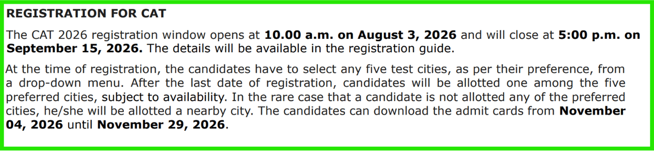 cat 2026 notification, registration dates, and exam dates