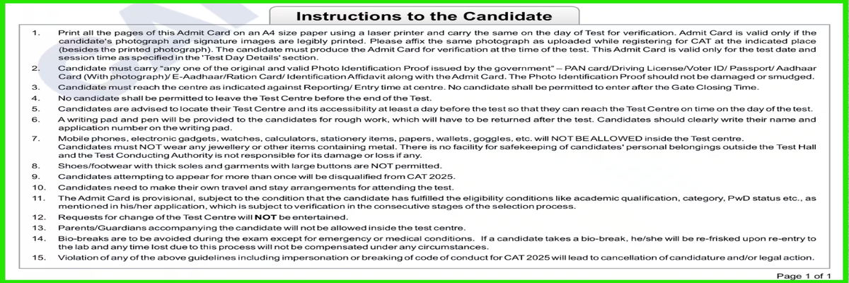 CAT 2026 admit card- instructions to candidates