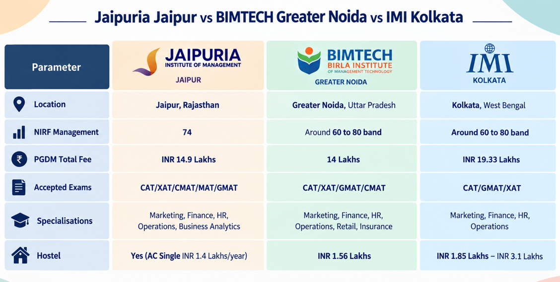 Jaipuria Jaipur vs BIMTECH Greater Noida vs IMI Kolkata