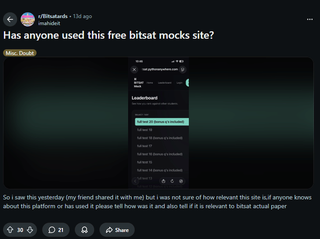 A reddit user talks about a free mock test webiste for BITSAT preparation