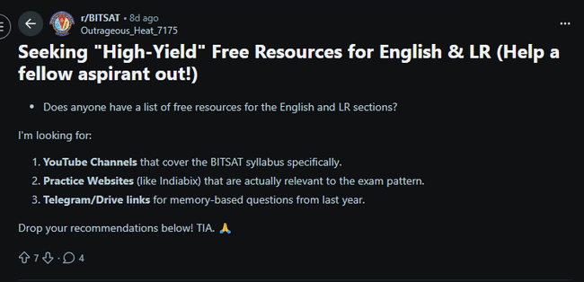 Reddit user talks about high quality BITSAT mocks