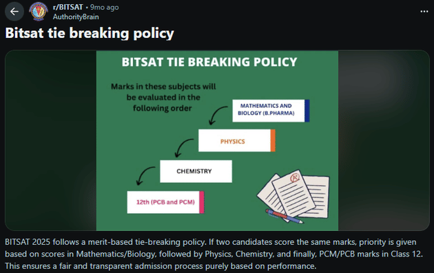 A reddit user talks about BITSAT tie breaking policy