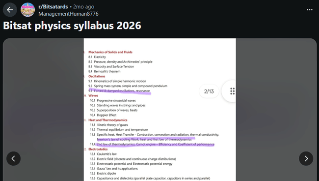 A reddit user talks about deleted JEE physics topics still appearing in BITSAT 2026