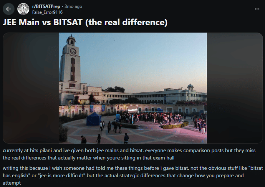A reddit user talks about BITSAT vs JEE Main difficulty comparison
