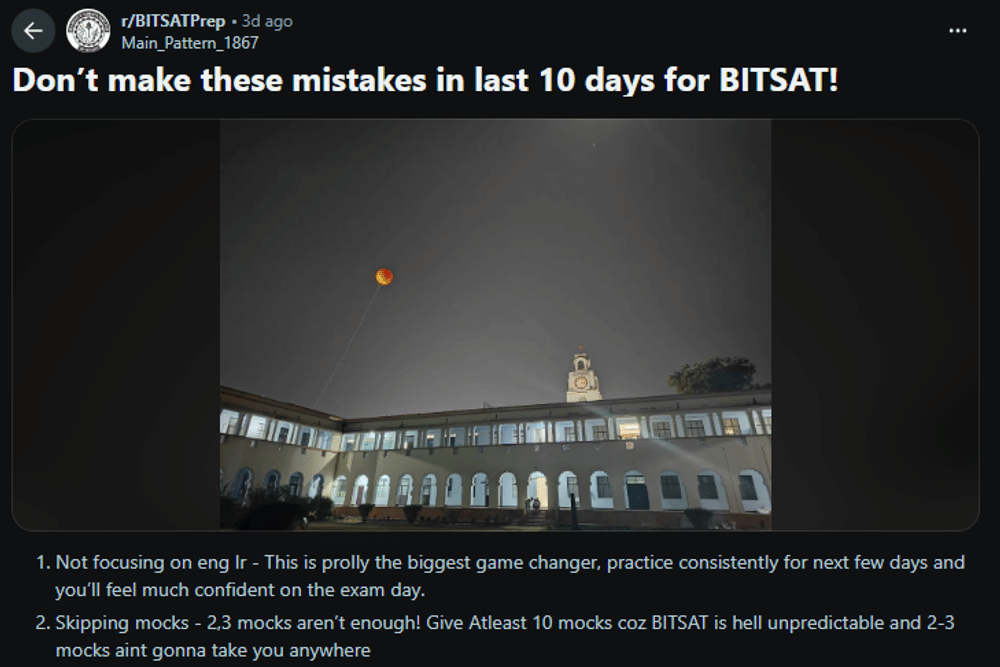 A reddit user talks about misakes to avoif during BITSAT exam preparation