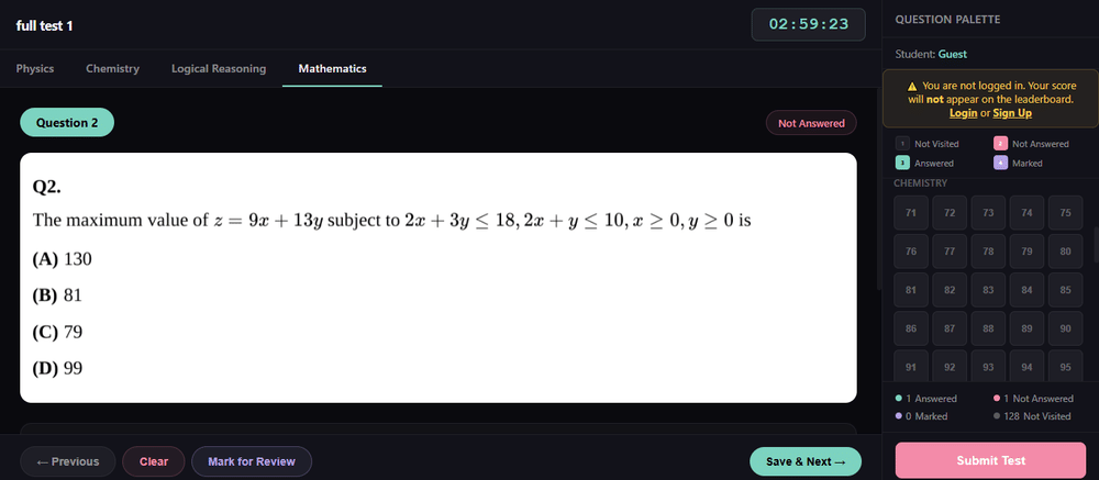 A screenshot of a free BITSAT mock test website