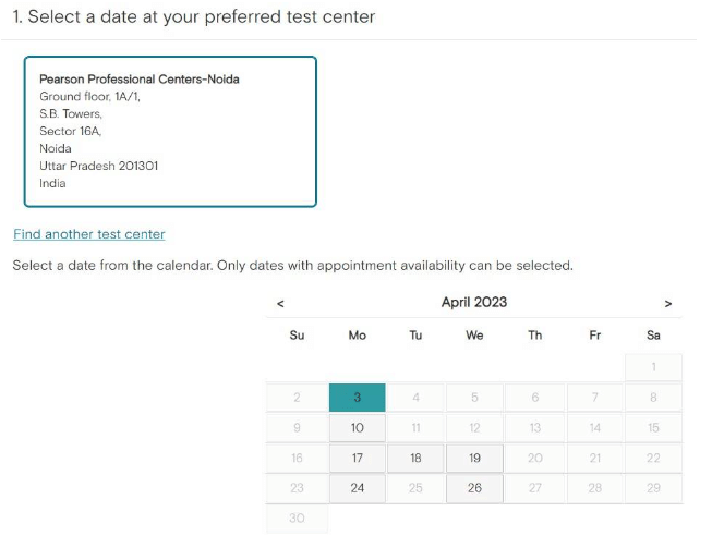 Select test date and test center