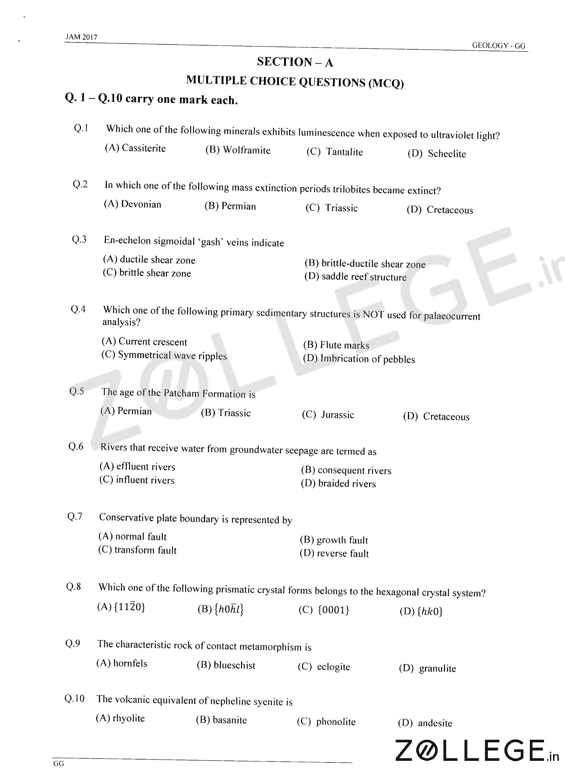 IIT JAM 2017 Question Paper with Answer Key PDF for Geology GG