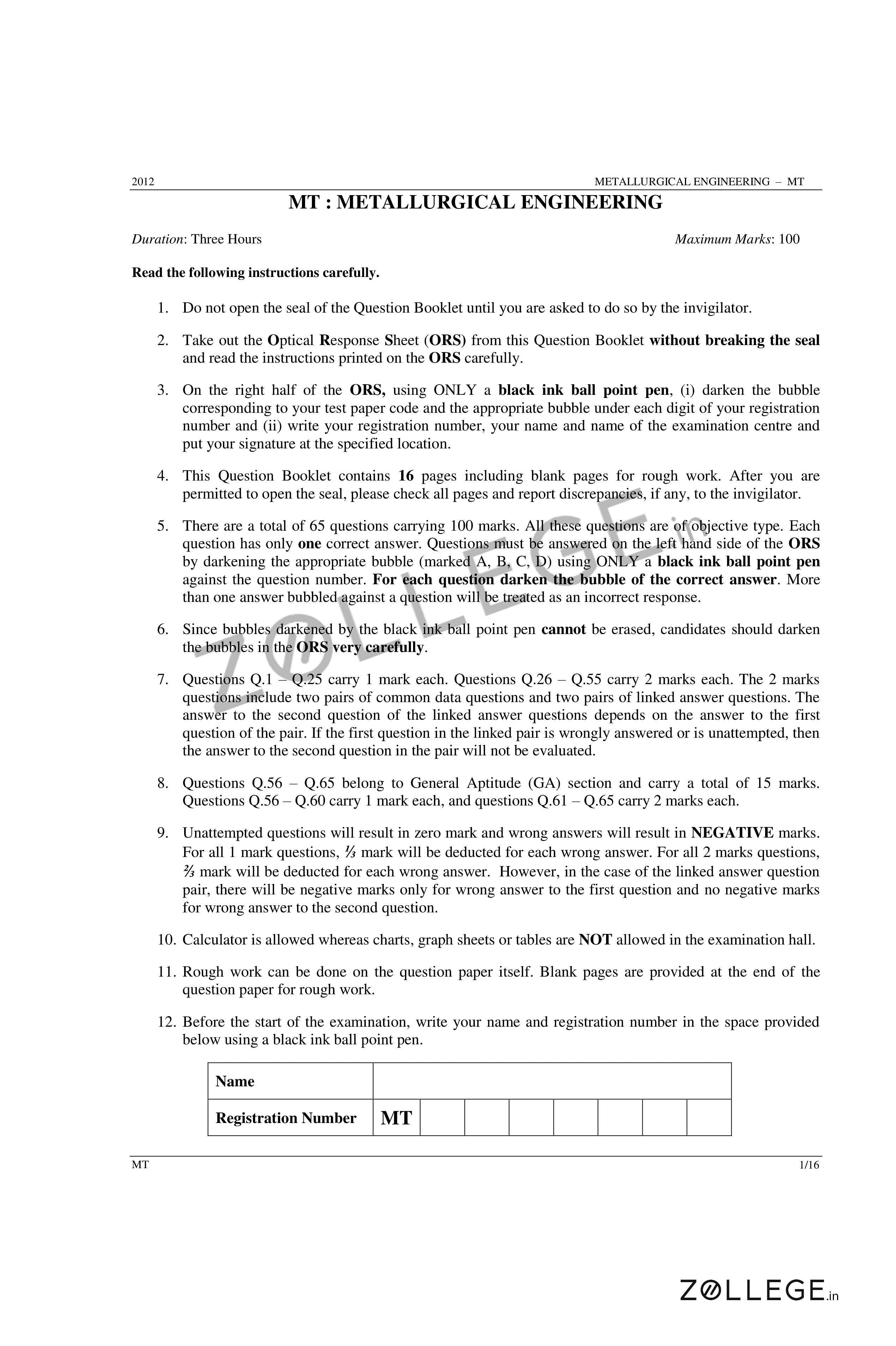 GATE 2012 Question Paper with Answer Key PDF for Metallurgical