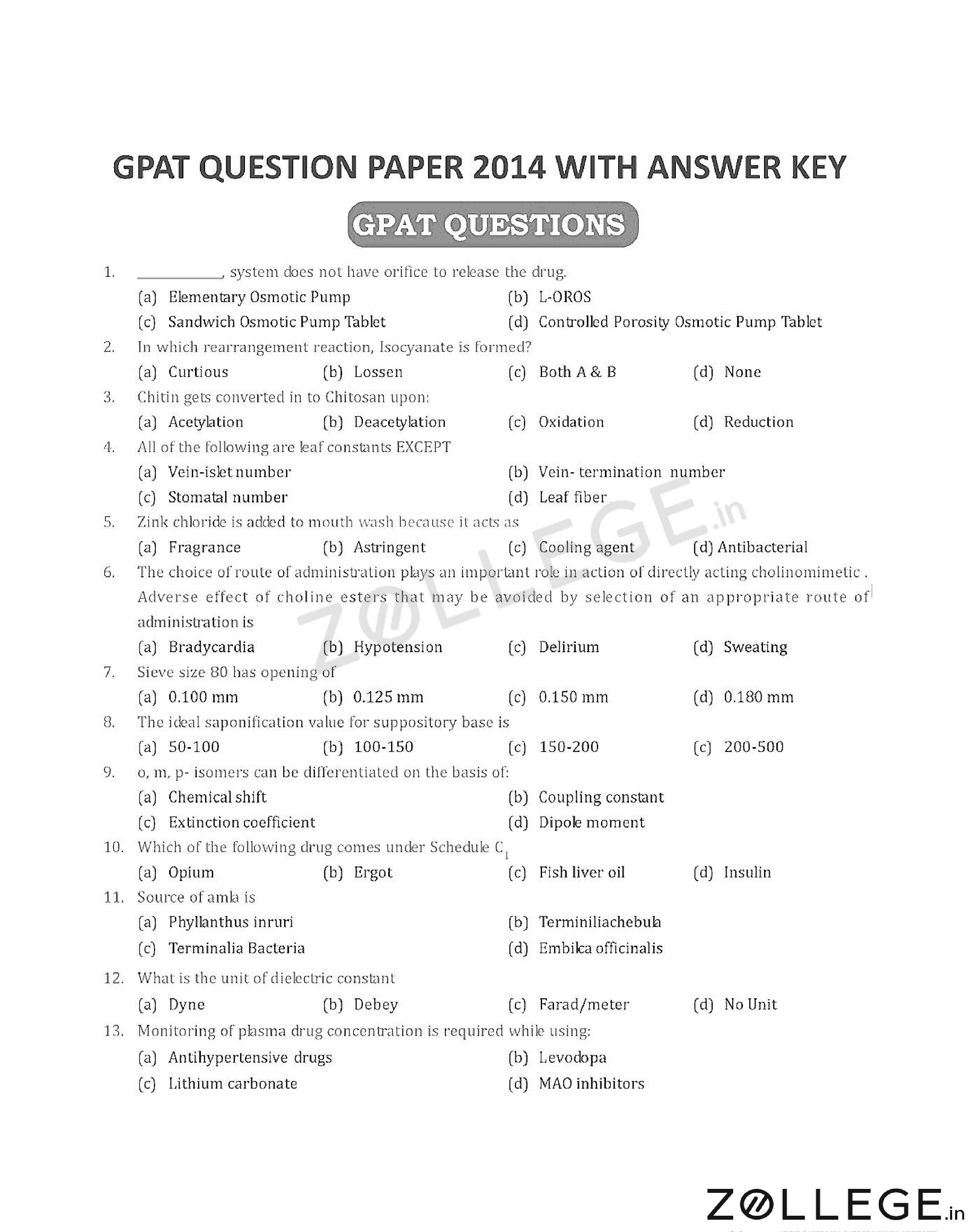 GPAT 2014 Question Paper with Answer Key PDF for February 25