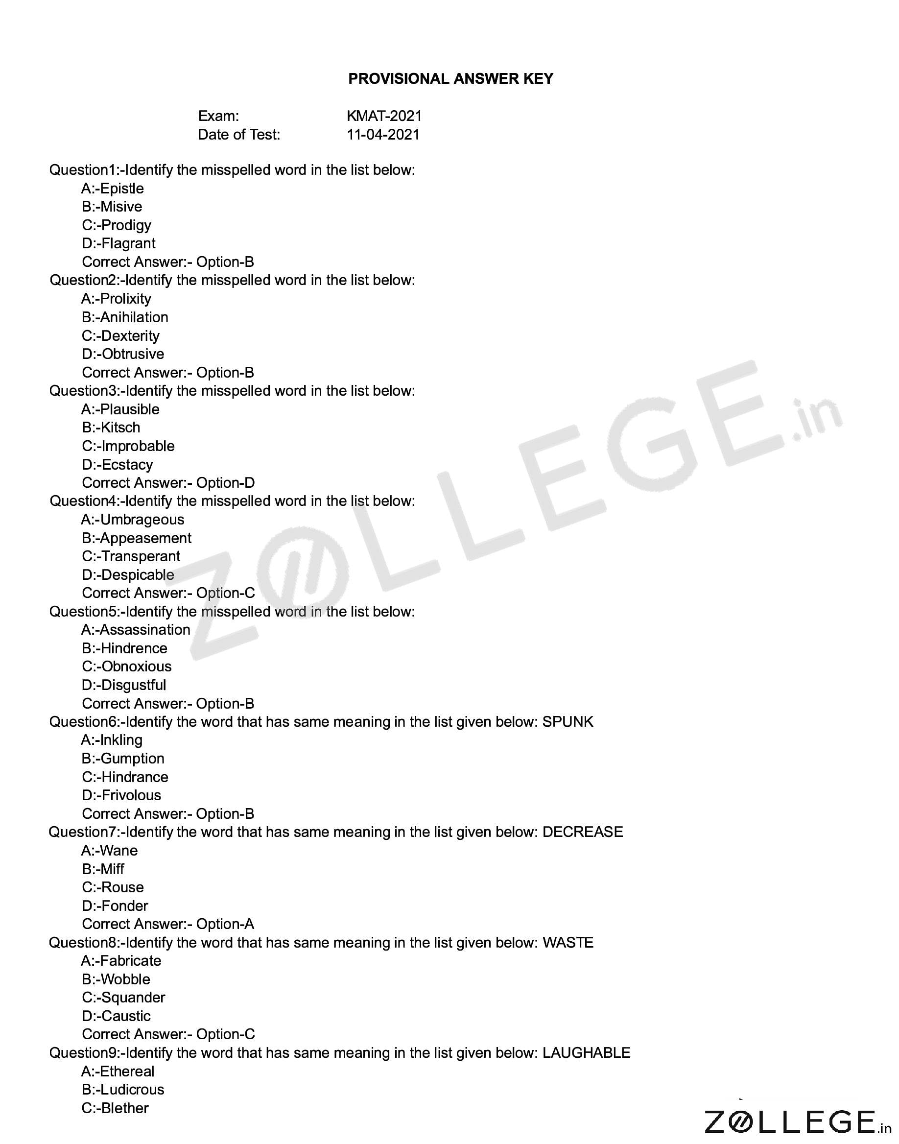 KMAT Kerala 2021 Question Paper with Answer Key PDF for April 11