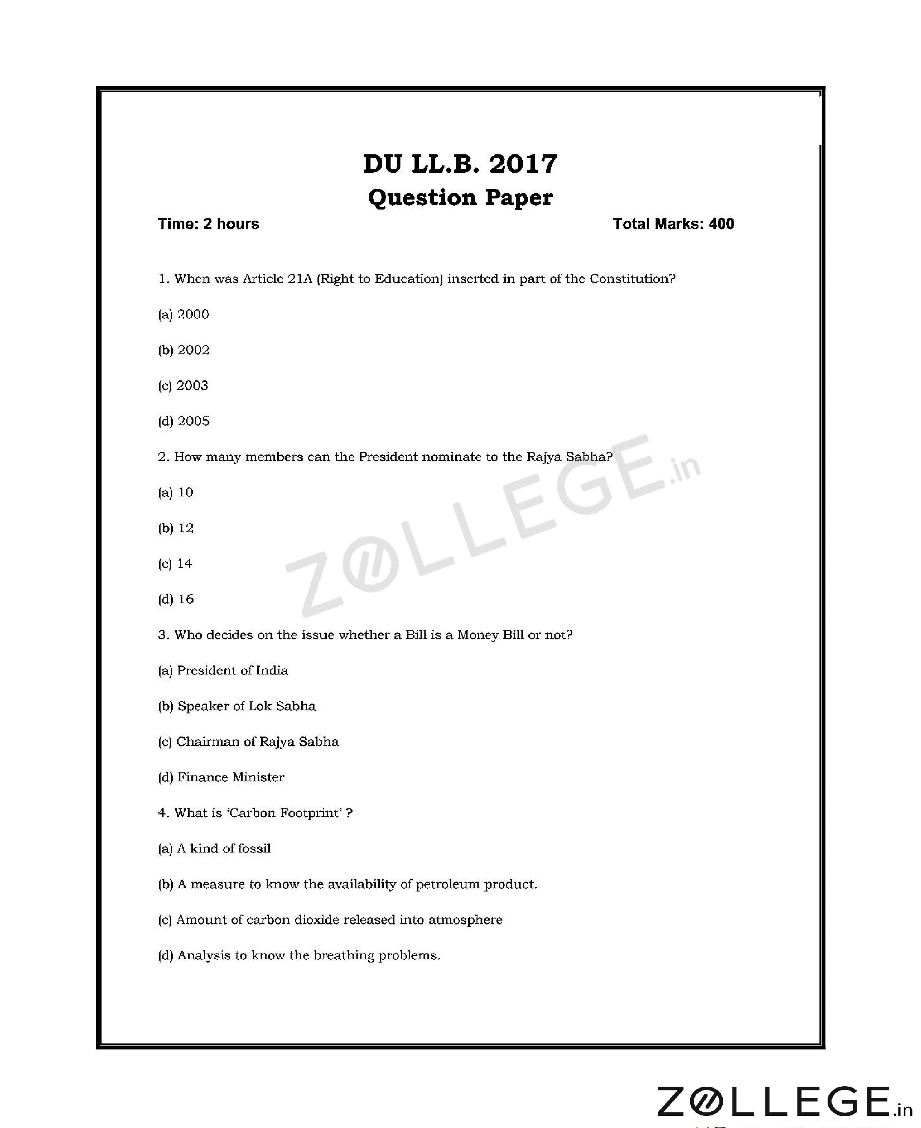 DU LLB 2017 Question Paper with Answer Key PDF for July 2