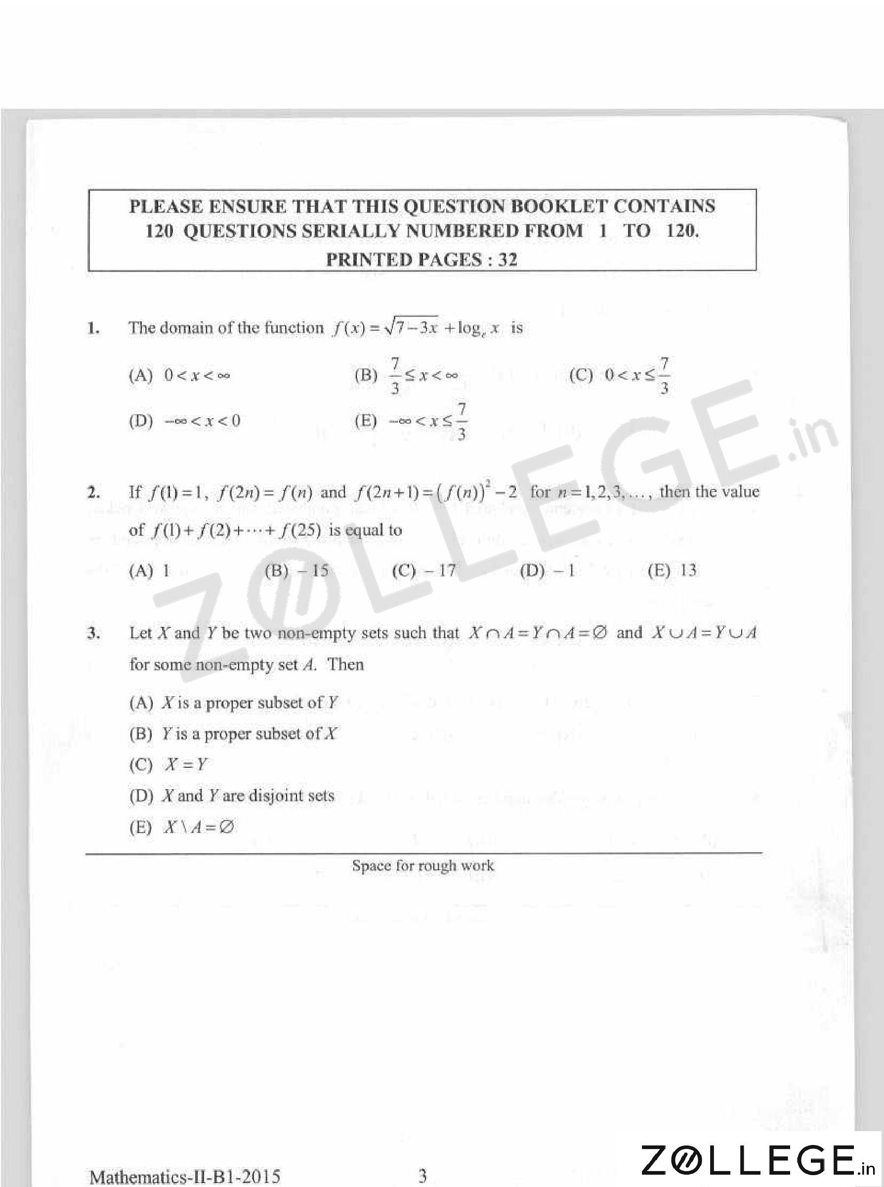 KEAM 2015 Question Paper with Answer Key PDF for Mathematics