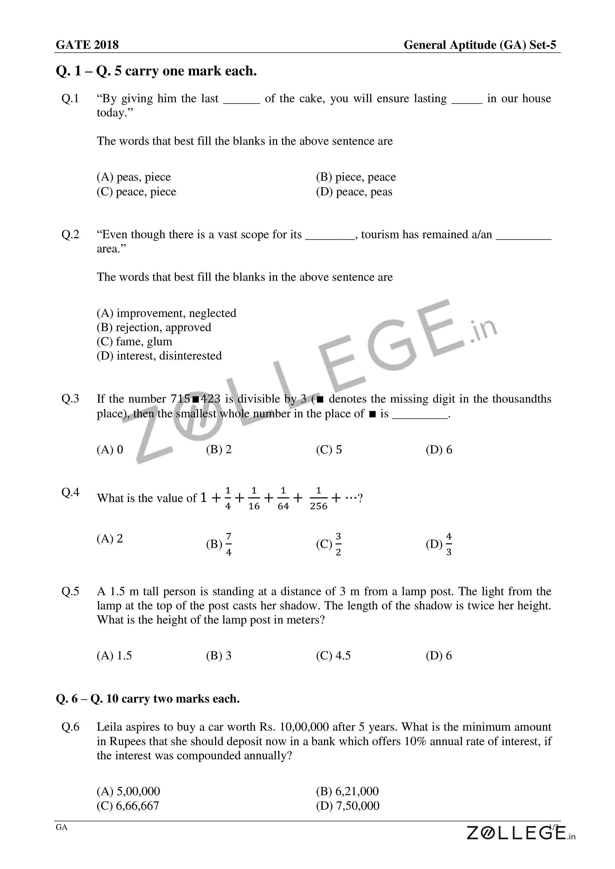 GATE 2018 Question Paper with Answer Key PDF for Electronics and