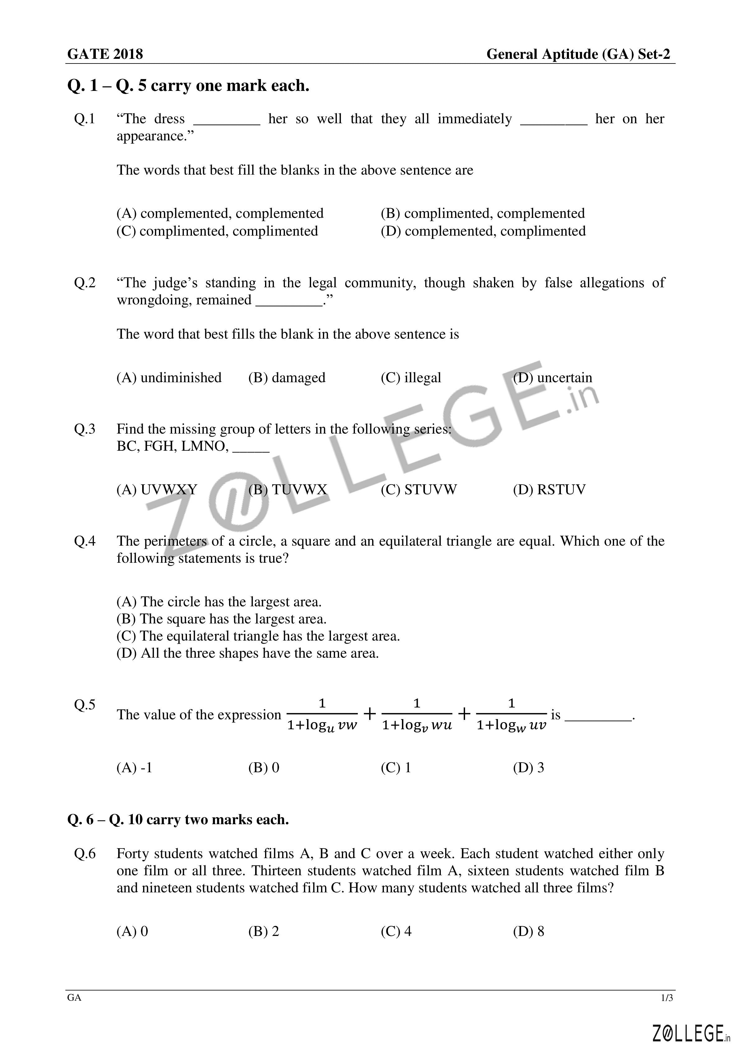 GATE 2018 Question Paper with Answer Key PDF for Mechanical