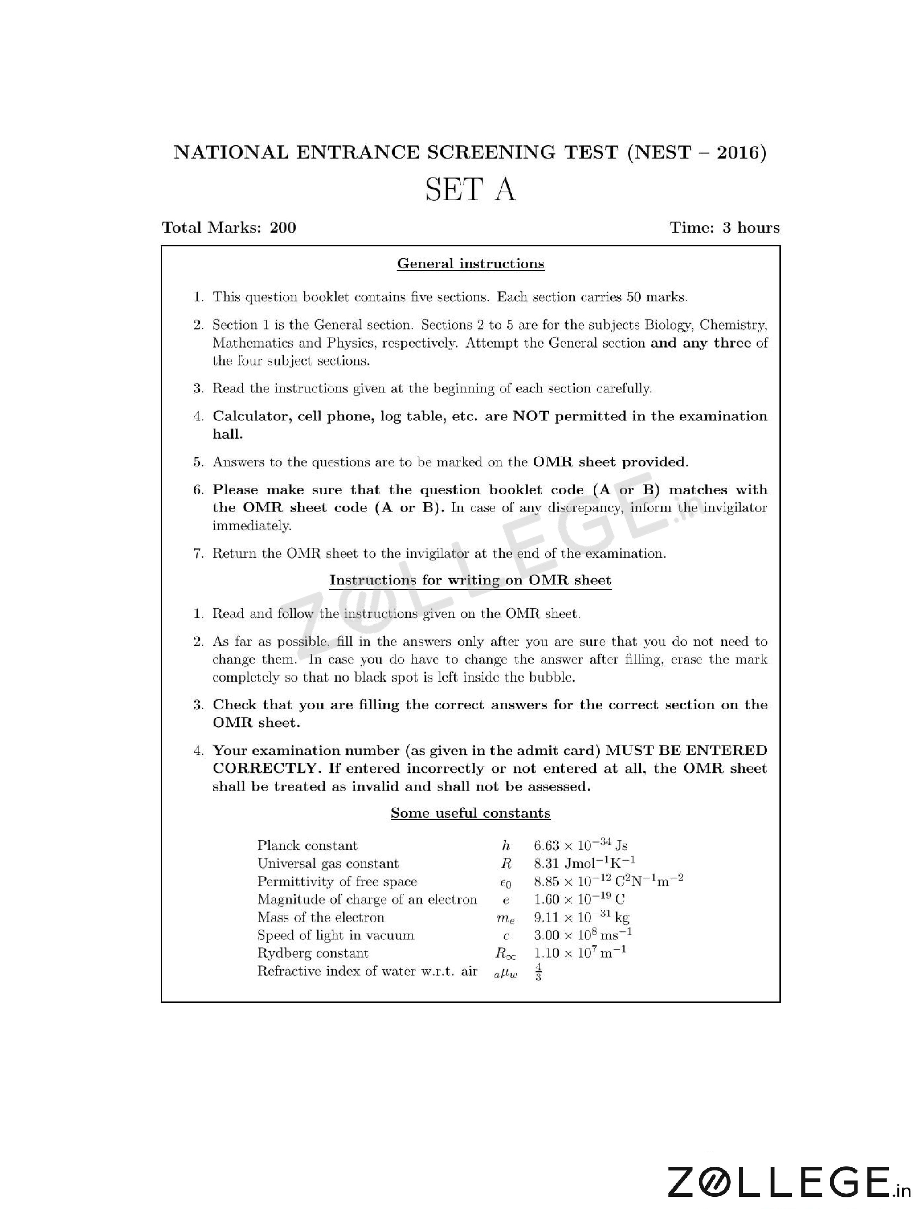 NEST 2016 Question Paper with Answer Key PDF for May 28