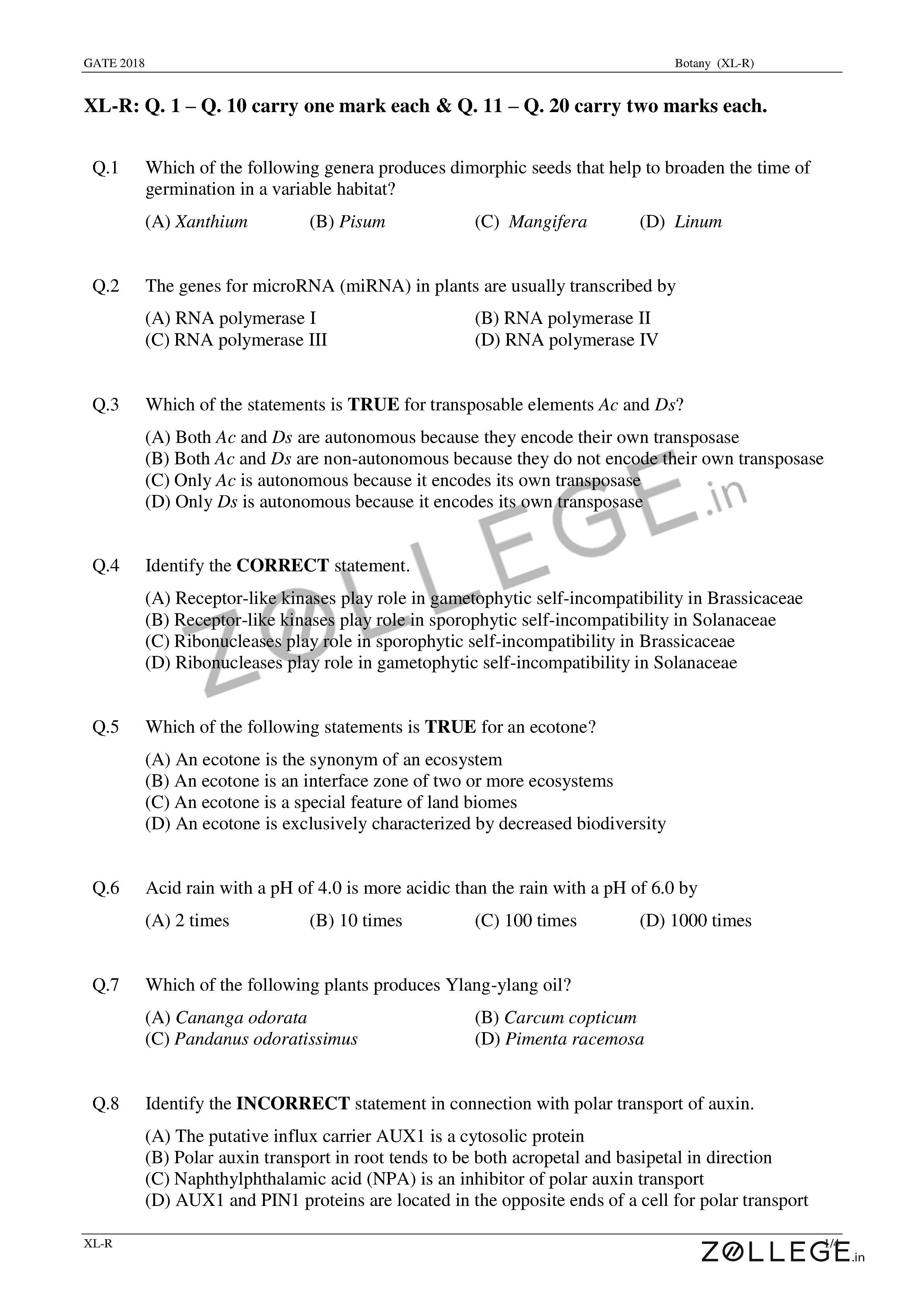 GATE 2018 Question Paper with Answer Key PDF for Life Sciences