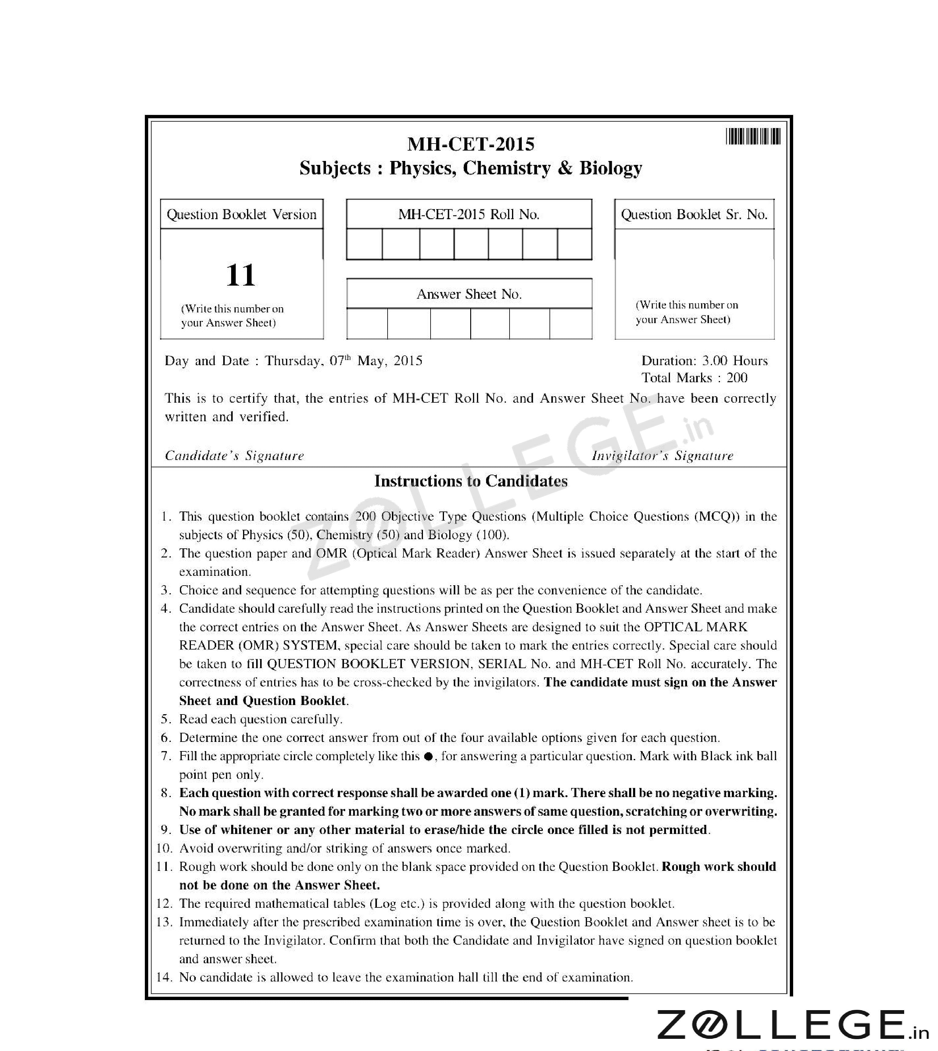 MHT CET 2015 Question Paper with Answer Key PDF for PCB May 7