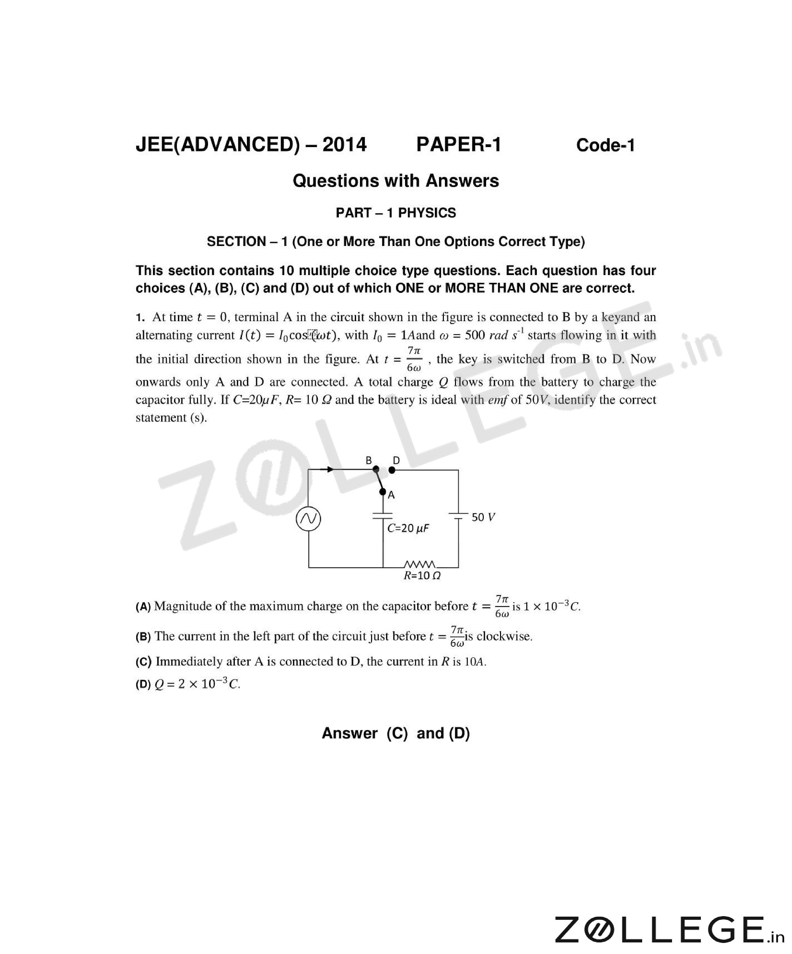 JEE Advanced 2014 Question Paper with Answer Key PDF May 25 2014