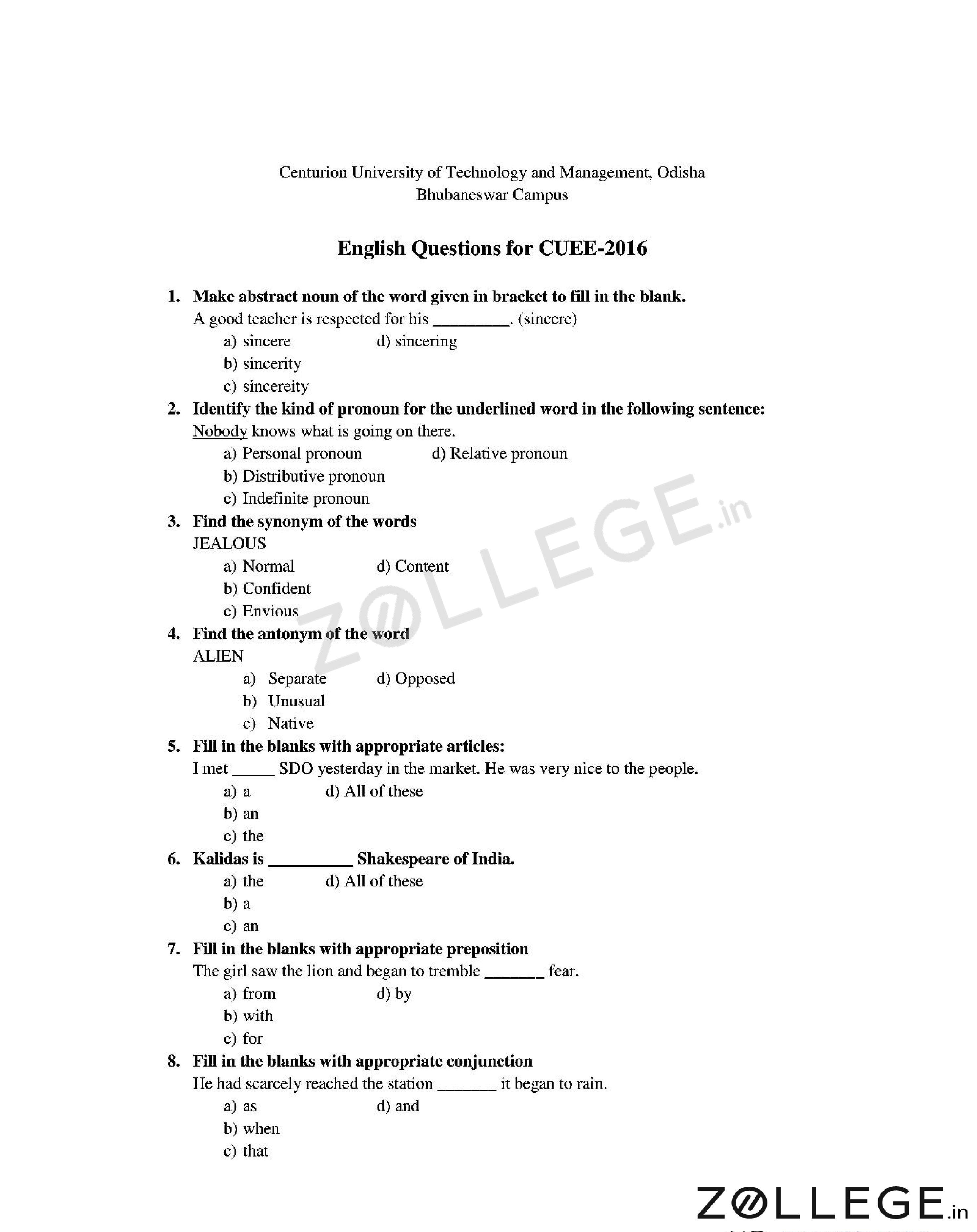 CUEE 2016 Question Paper with Answer Key PDF for B.TECH ENGLISH SET 3