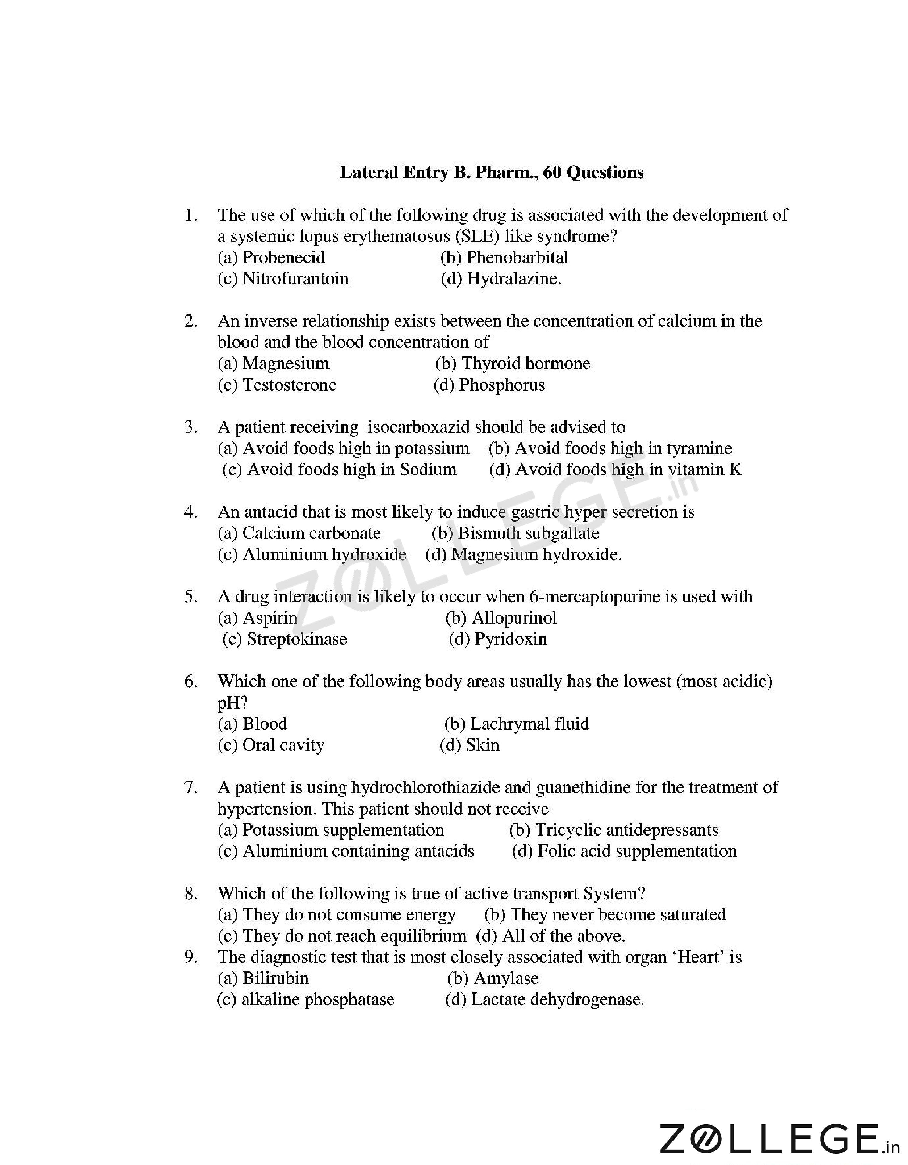 OJEE 2017 Question Paper with Answer Key PDF for B.Pharma Lateral