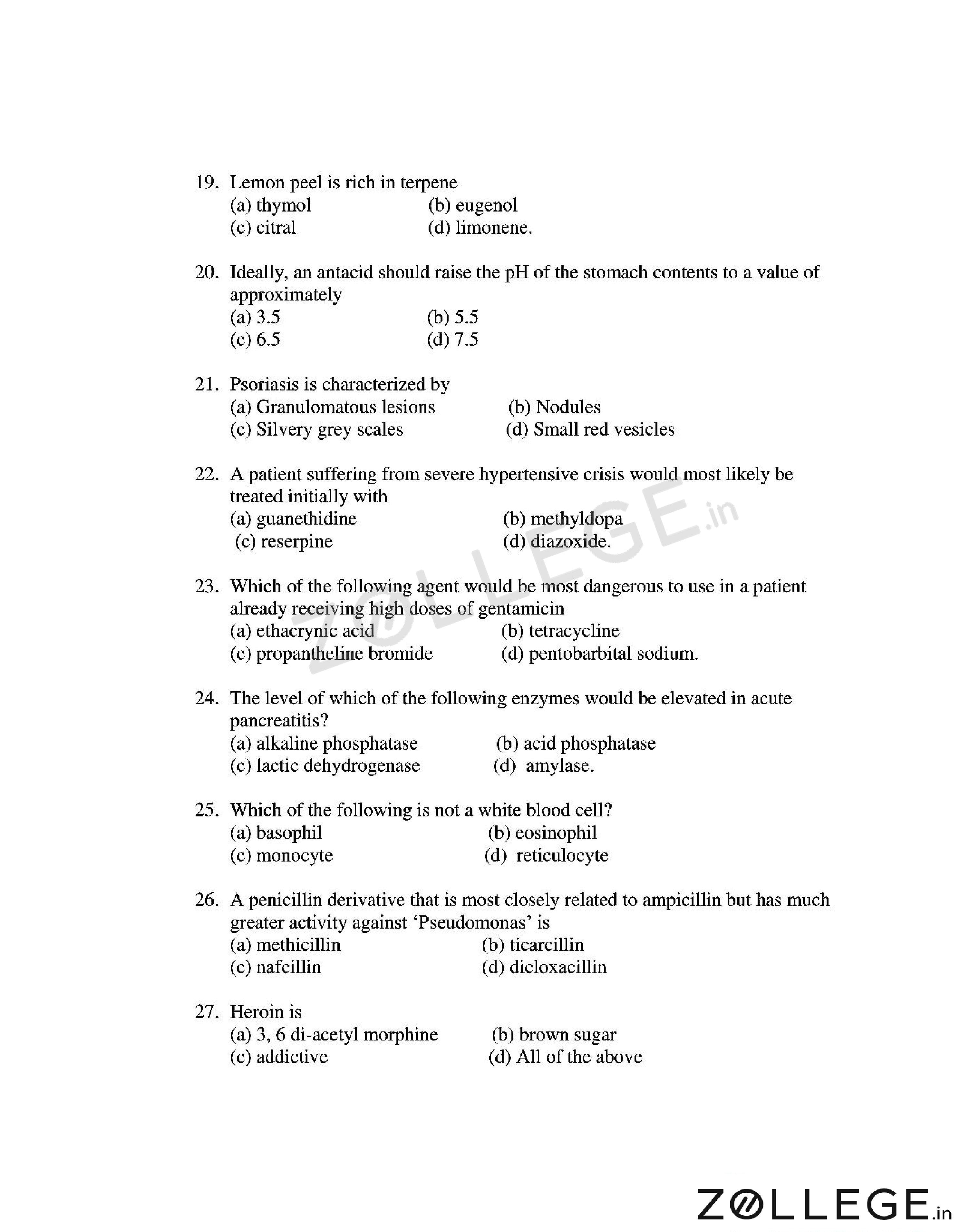 OJEE 2017 Question Paper with Answer Key PDF for B.Pharma Lateral